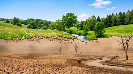 Obraz premium Conceptual split image illustrating the contrast between a lush green natural landscape and a parched dry desert with cracked earth, representing climate change and environmental crisis.