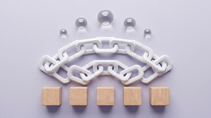 Obraz premium Abstract 3D Conceptual Composition Featuring White Interlocking Chains, Wooden Cubes, and Clear Glass Spheres on a Purple Background Representing Business Security, Blockchain, and Connectivity