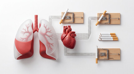 Obraz premium Conceptual 3D illustration of human lungs and heart connected by wires to cigarettes placed on mouse traps, symbolizing the dangerous health risks and addiction of tobacco smoking