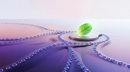Obraz premium Futuristic 3D abstract background featuring a luminous green leaf on a circular pedestal amidst flowing purple violet waves decorated with crystal water droplets, eco-tech and bio-science concept