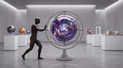 Obraz premium Futuristic Museum Exhibition Featuring a Bronze Humanoid Sculpture Pushing a Glass Celestial Globe Containing a Deep Space Nebula and Galaxy in a Minimalist Art Gallery Setting