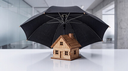 Obraz premium Small wooden house model protected under a large open black umbrella on a reflective white surface in a modern office, representing home insurance, property security, and financial safety.