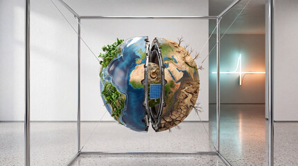 Obraz premium Conceptual art of Earth split in two halves showing a healthy green planet versus a dry cracked desert due to climate change, highlighting environmental protection and global warming crisis.