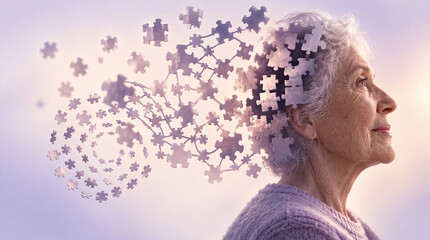 Obraz premium Conceptual Illustration of an Elderly Woman Experiencing Memory Loss or Dementia with Jigsaw Puzzle Pieces Dissolving from Her Head Representing Cognitive Decline and Mental Health Awareness