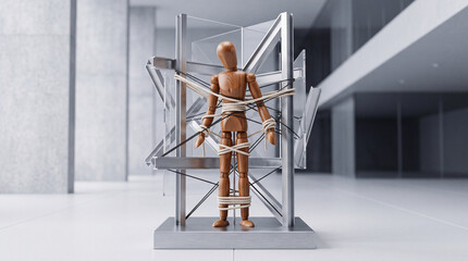 Obraz premium Conceptual Image of a Wooden Mannequin Tied with Ropes to a Metal Structure in a Modern Office Hallway, Representing Financial Debt, Banking Constraints, and Economic Pressure