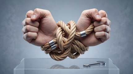 Obraz premium Metaphorical Image of Human Hands Tied with Thick Rope and Clenched Fists Over a Clear Glass Box Containing a Silver Key, Representing Financial Debt, Legal Restraint, and Finding a Solution.