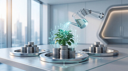 Obraz premium Robotic hand watering a green plant growing from stacks of silver coins in a futuristic office, conceptual representation of artificial intelligence in financial growth and investment.