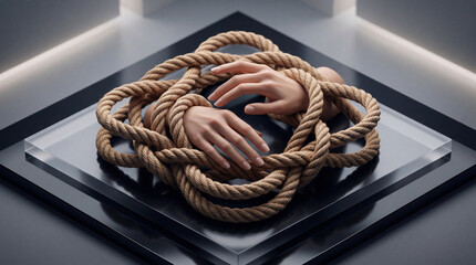Obraz premium Artistic conceptual composition of two female hands entwined within a thick knotted natural rope on a glossy black pedestal and glass plate, representing themes of restriction and connection.