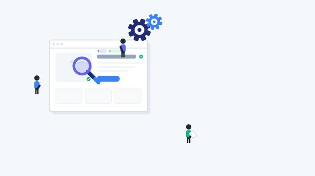 Modern SEO and website optimization business animation featuring a responsive web page, search analysis, optimization gears, analytics growth chart, data connections, and tiny business characters. Cle
