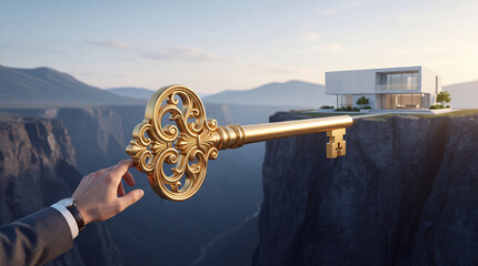 Obraz premium Concept of home ownership and success metaphor showing a businessman's hand reaching for a large ornate golden key bridging a deep mountain canyon towards a luxury modern house at sunset.