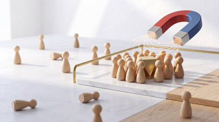 Obraz premium Large Horseshoe Magnet Attracting Small Wooden Figures Towards a Golden Block on White Marble Surface, Representing Customer Acquisition, Business Marketing, Lead Generation and Leadership Success