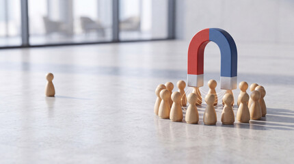 Obraz premium Concept of Lead Generation and Customer Attraction with a Large Horseshoe Magnet Drawing in a Group of Wooden People Figures in a Minimalist Bright Modern Office Setting with One Person Apart
