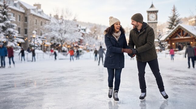 A couple glides across a frozen ice rink in a charming winter village, surrounded by snow-covered buildings and festive lights, embodying the spirit of the holiday season.