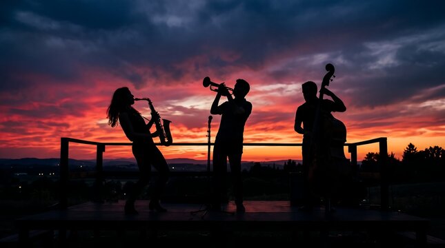 Silhouette of Jazz Band with Sax Musical Instrument Trumpet and Double Bass Playing on Outdoor Stage at Sunset for Live Concert and Summer Music Festival Promotion