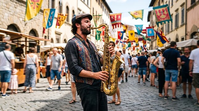 Street Musician Playing Sax Musical Instrument on Historic European Cobblestone Street with Festive Flags and Crowds of Tourists for Travel and Live Entertainment Concept