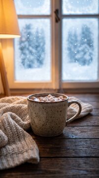 A warm mug of cocoa topped with marshmallows sits on a rustic wooden table, framed by a cozy knitted scarf and a window displaying a snow-covered winter landscape.