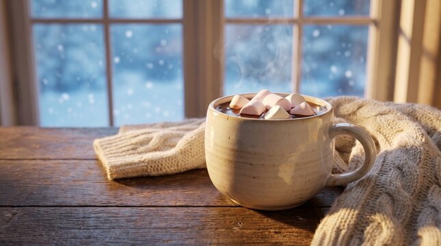 A steaming mug of hot chocolate, adorned with fluffy marshmallows, sits cozily on a rustic wooden table next to a warm knitted scarf, with a snowy window view in the background.