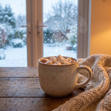 A steaming mug of hot cocoa topped with marshmallows sits on a rustic wooden table, cozily draped with a knitted blanket, with a snowy garden visible through French doors.