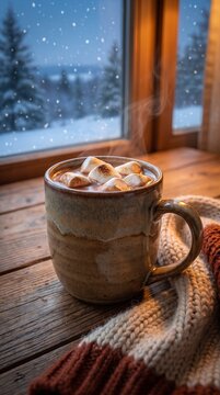Steaming mug of hot chocolate topped with marshmallows, nestled beside a cozy scarf on a rustic wooden surface, with a snowy winter landscape visible through the window, evoking warmth and comfort.