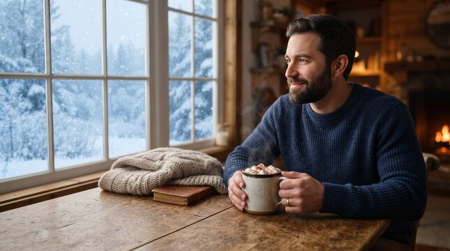 A man with a beard smiles contently as he holds a mug of hot chocolate, looking out a window at a snow-covered landscape.