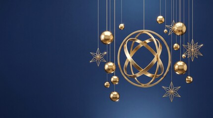 Obraz premium Elegant Golden Christmas Ornaments with Stars and Spheres Hanging on a Dark Blue Background, Minimalist Festive Holiday 3D Illustration with Copy Space for Text and New Year Greeting Card
