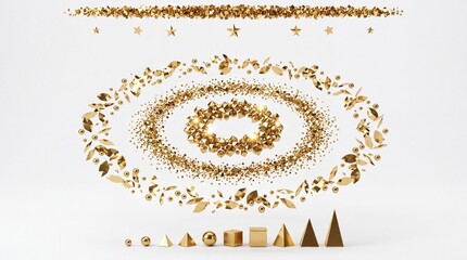 Obraz premium Abstract Collection of Golden 3D Geometric Shapes and Floating Particles Arranged in Circular Patterns and Orbits on White Background for Elegant Design and Luxury Festive Branding