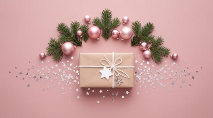 Obraz premium Festive Christmas flat lay with a brown paper gift box, pink ornaments, and green pine branches on a pink background with silver star confetti, perfect for holiday greetings and winter celebrations.