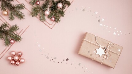 Obraz premium Minimalist Christmas Flat Lay with Kraft Paper Gift Box, Pine Branches, Pink Baubles, and Silver Glitter Stars on Pastel Pink Background - Festive Holiday Celebration and Winter Concept