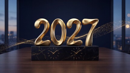 Obraz premium 2027 Golden Three Dimensional Numbers on Black Marble Base with Analog Clocks against Blurred City Skyline at Dusk, Concept for Future Planning, Success, New Year Celebration and Business Goals