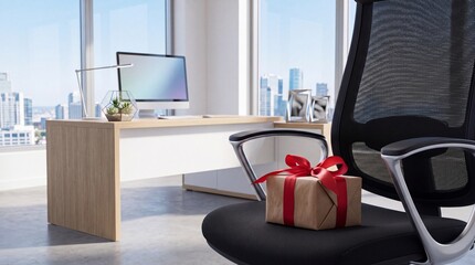Obraz premium Small Brown Paper Gift Box Wrapped with Red Satin Ribbon Placed on a Black Ergonomic Office Chair in a Bright Modern Workspace with a Large Window View of City Skyscrapers at Daytime