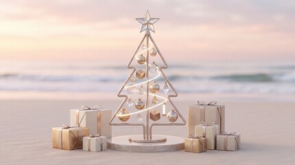 Obraz premium Minimalist gold metal Christmas tree on a sandy beach at sunset with luxury gift boxes and ornaments, celebrating a tropical winter holiday and festive season in a serene coastal landscape.