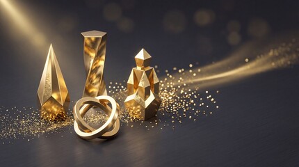 Obraz premium Abstract Golden Geometric Sculptures and Interlocking Rings on Dark Textured Background with Elegant Light Flare and Scattered Gold Dust, Luxury Artistic Concept for Awards and Modern Design