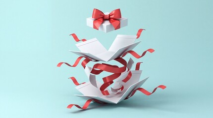 Obraz premium Exploded white gift box with red ribbon and bow floating on light blue background, concept of surprise, unboxing, holiday celebration, and special offer for shopping or marketing advertisement.