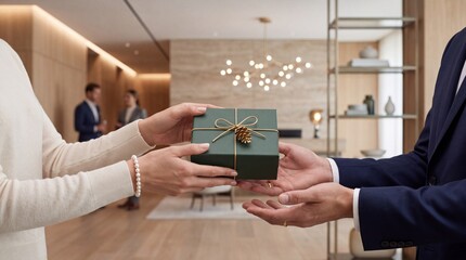 Obraz premium Close-up of a woman in a white sweater handing a luxury green gift box with a gold ribbon and pine cone to a man in a business suit in a high-end corporate lobby or hotel reception area.