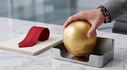 Obraz premium Businessman Hand Holding a Large Golden Sphere on a Marble Desk in a Modern Office Setting, Symbolizing Financial Success, Corporate Wealth, Global Investment, and Future Business Vision.