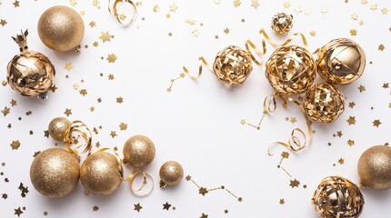 Obraz premium Elegant Golden Christmas Ornaments with Baubles, Stars, and Ribbons on White Background with Copy Space for Festive Holiday Greeting Cards, New Year Party Invitations, and Luxury Celebrations