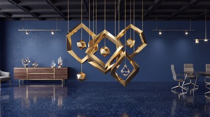Obraz premium Modern luxury interior design featuring hanging gold geometric sculptures, elegant dark blue walls, polished terrazzo floor, and minimalist office furniture in a spacious atmospheric corporate room