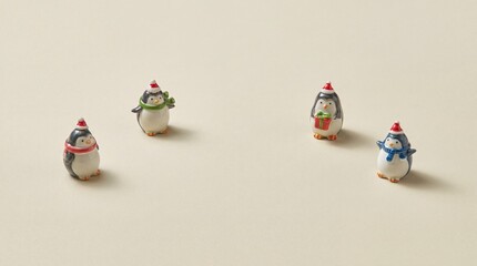 Obraz premium Set of Four Miniature Christmas Penguin Figurines Wearing Santa Hats and Colorful Scarves with a Gift Box on a Minimalist Beige Background for Holiday Greeting Cards and Festive Decoration