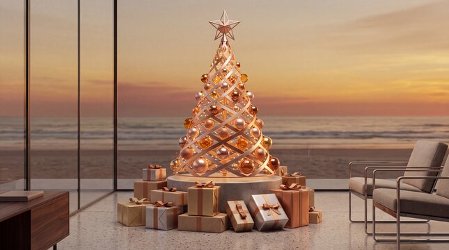 Elegant Modern Christmas Tree with Golden Ornaments and Gift Boxes in a Luxury Villa Overlooking the Tropical Beach at Sunset, Festive Holiday Concept in a Minimalist Interior