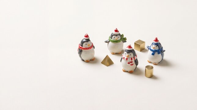 Minimalist Festive Composition with Small Ceramic Penguin Figurines Wearing Santa Hats and Colorful Scarves Arranged on a Neutral Cream Background with Decorative Gold Geometric Shapes for Christmas