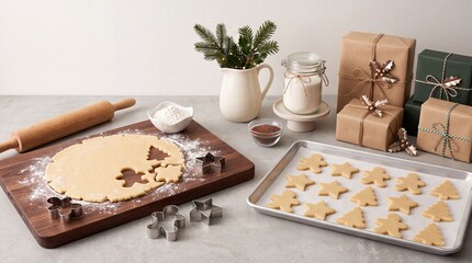 Obraz premium Festive holiday baking scene with raw gingerbread dough, metal cookie cutters, and Christmas treats on a baking sheet, surrounded by wrapped gifts and evergreen branches in a cozy kitchen setting.