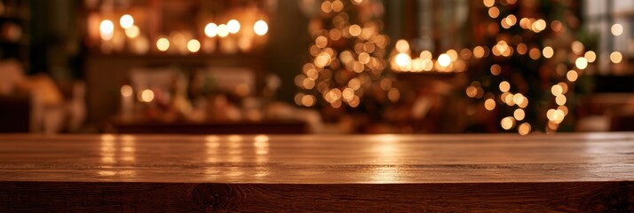 Obraz premium Empty wooden table surface is in front with a blurred Christmas decorated living room behind it. Warm lights create a festive atmosphere.