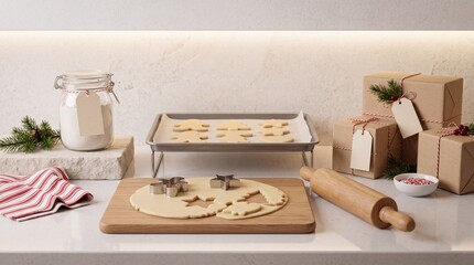 Obraz premium Holiday Christmas Baking Preparation with Raw Gingerbread Cookie Dough, Wooden Rolling Pin, Cookie Cutters, Flour Jar, and Wrapped Gift Boxes on White Kitchen Countertop Background