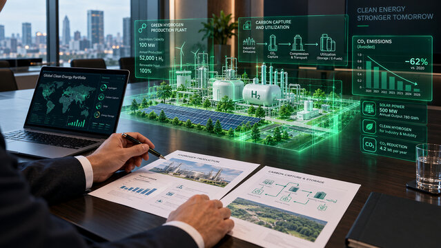Energy consultant hands near laptop with floating 3D hydrogen plant and industrial decarbonization hologram