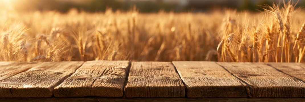 An empty wooden table surface appears in the foreground with a blurred wheat field at golden hour in the background, showcasing summer harvest.