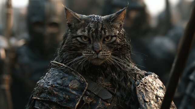 A battle-scarred warrior cat in miniature armor prepares for battle on a chaotic medieval battlefield while facing fierce opposition.