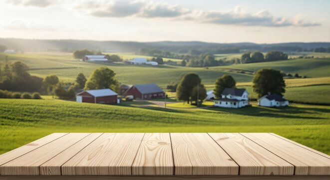 Wooden table foreground with a blurred scenic farm landscape background featuring green rolling hills under a soft golden sunlight