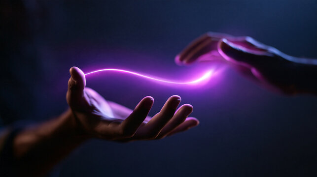 Glowing Purple Energy Connecting Two Hands in Darkness