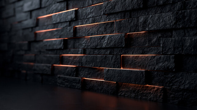 Black Textured Stone Wall with Glowing Backlight Accents