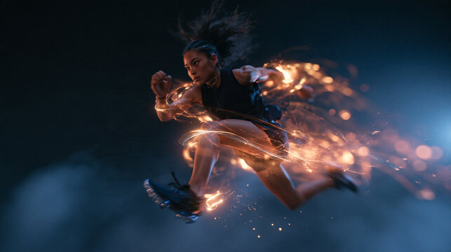 Female Runner Sprinting with Dynamic Glowing Light Trails